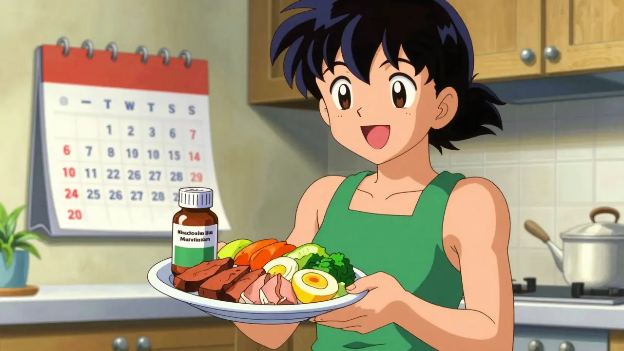 Anime character holding healthy food and vitamins in a bright kitchen setting.