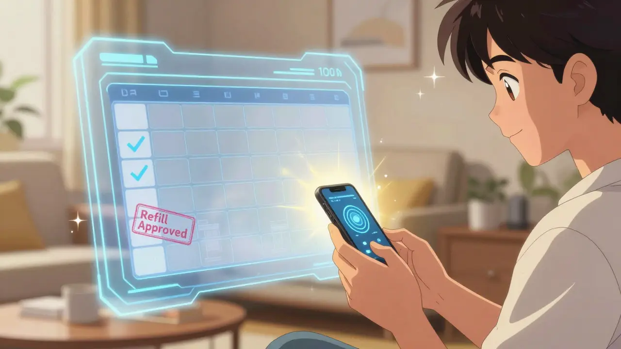 Calm patient checking automated refill notification on phone in retro anime art
