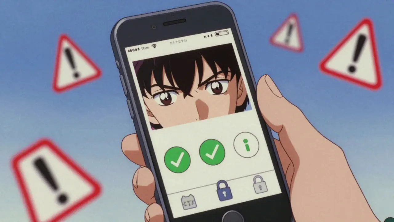 Close up of hand holding phone showing secure online purchase symbols in anime style.