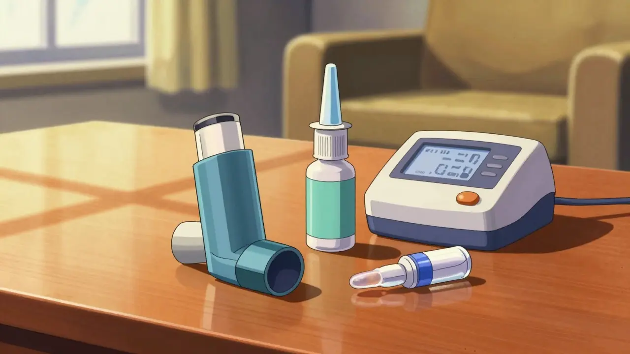 Close up of inhaler, nasal spray, and nebulizer vials