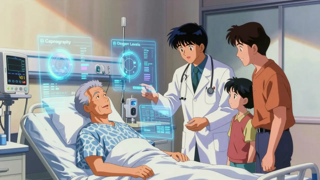 Doctor and family discussing senior care with tech monitoring visuals