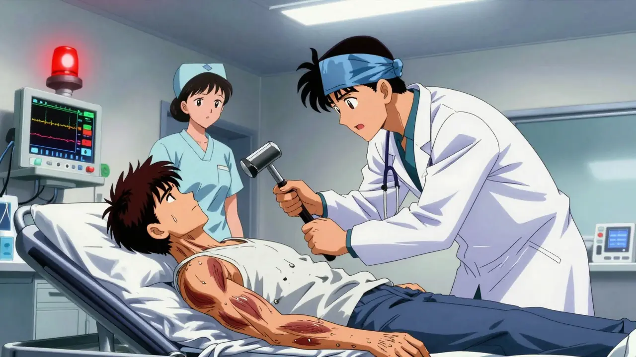 Doctor examining a trembling patient in a busy emergency room