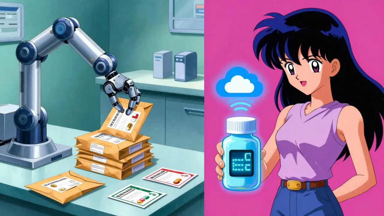 Futuristic pharmacy automation with smart bottles and robotics in 90s anime style