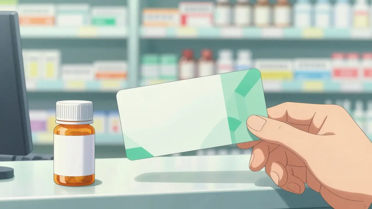 Hand holding a discount coupon next to a pill bottle at a pharmacy