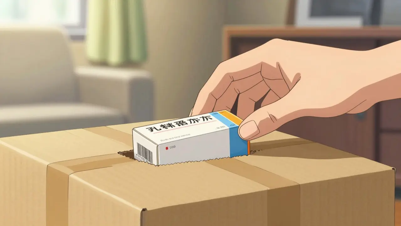 Hand receiving a delivered medicine package in a cozy 90s anime style