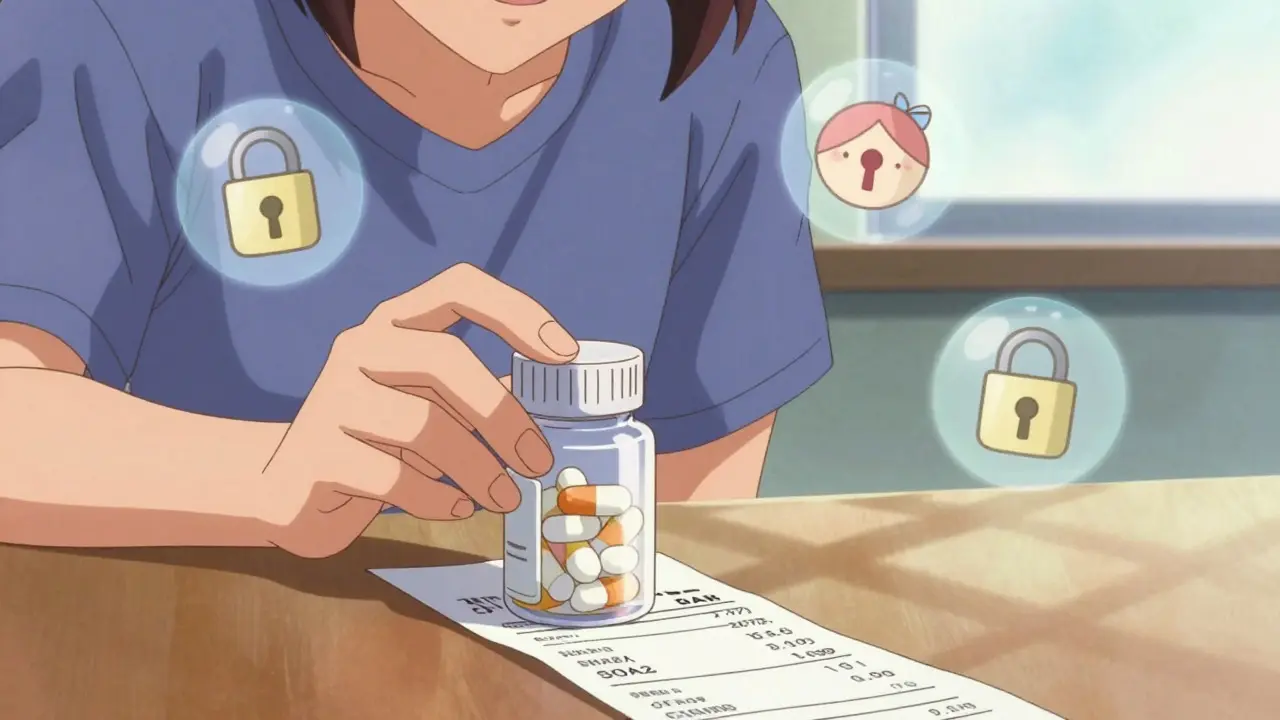 Happy person holding generic pills with discount icons floating nearby