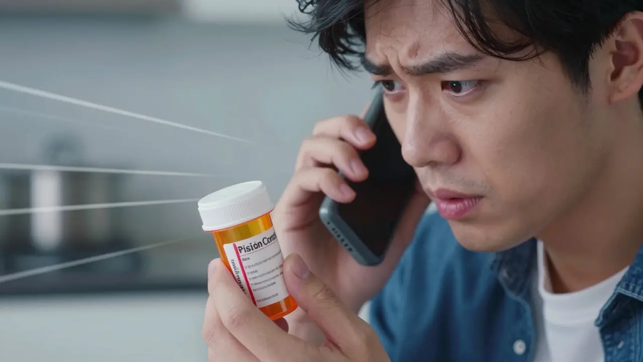 Parent calling poison control while holding medicine bottle