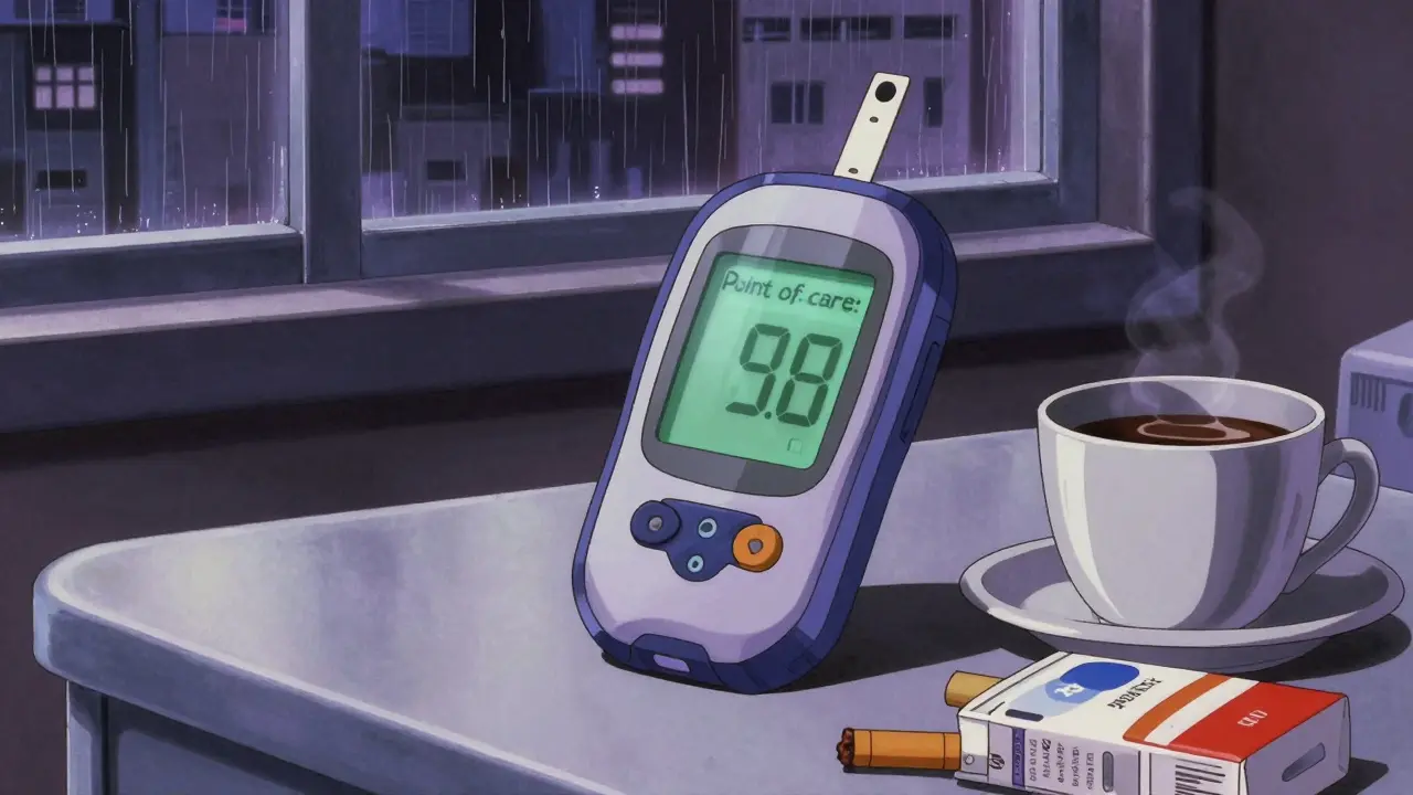 Retro handheld medical monitor on hospital table with rain outside
