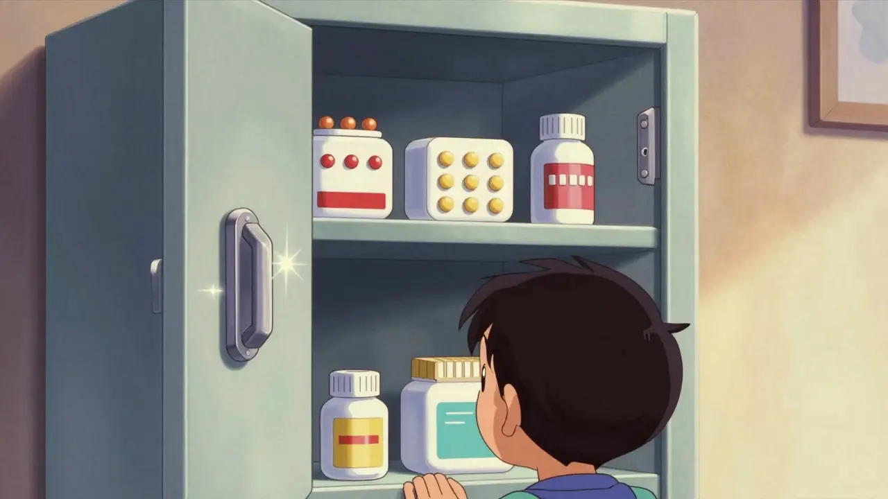 Secure locked medicine cabinet keeping pills safe from child