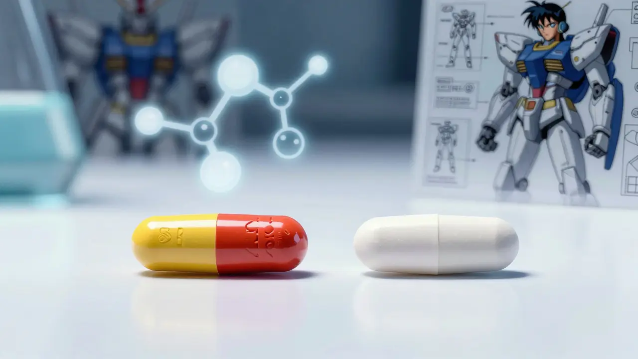 Side-by-side comparison of branded and generic pills with molecular graphics