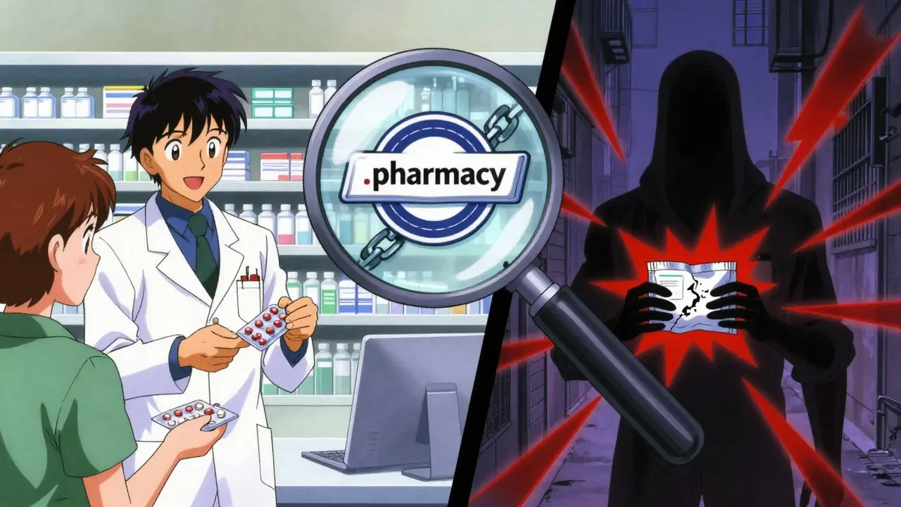 Split scene comparing safe verified pharmacy vs shady online drug seller