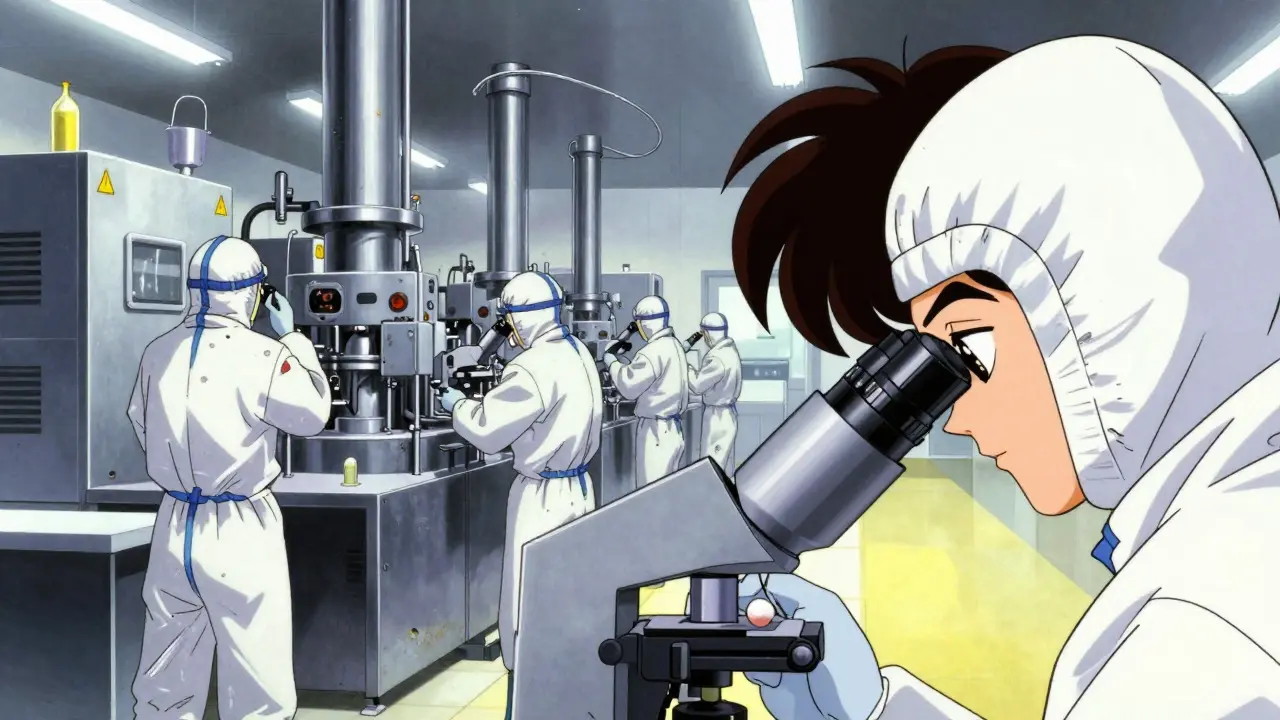 Sterile generic drug manufacturing facility with workers monitoring machinery