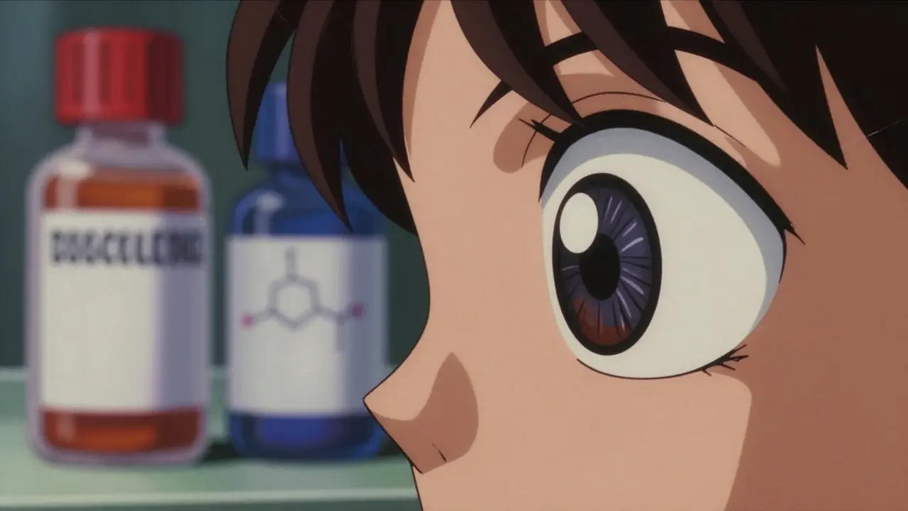 Close-up of an eye reflecting two medicine bottles, symbolizing realization of double dosing.