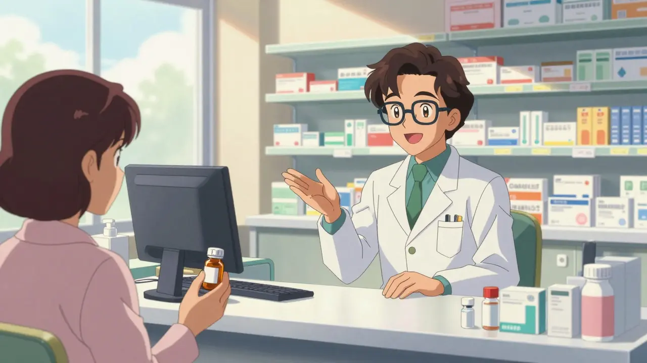 Pharmacist advising a customer at a bright counter, promoting safe medication use.