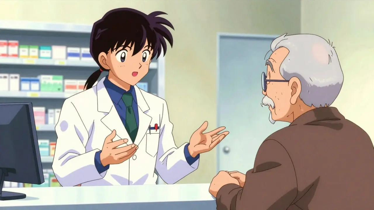 Pharmacist explaining medication change to senior