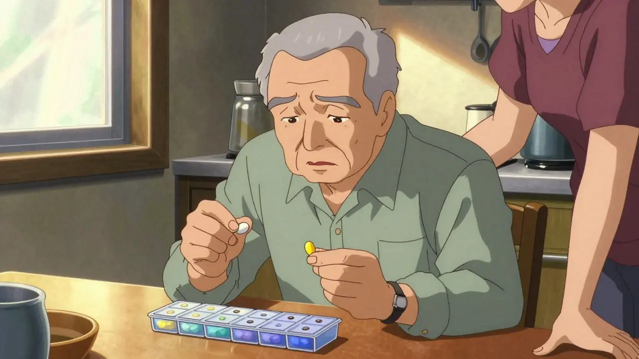 Senior man confused by different pill colors